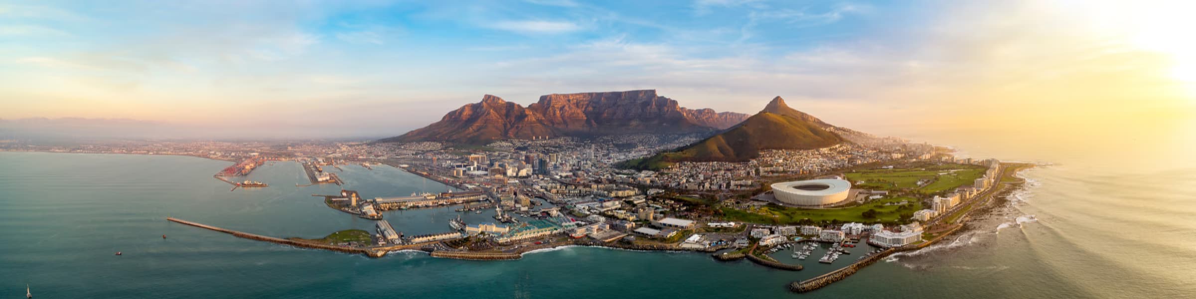 Atlantic Seaboard and City Bowl Cape Town aerial view with Table Mountain and coastal beaches