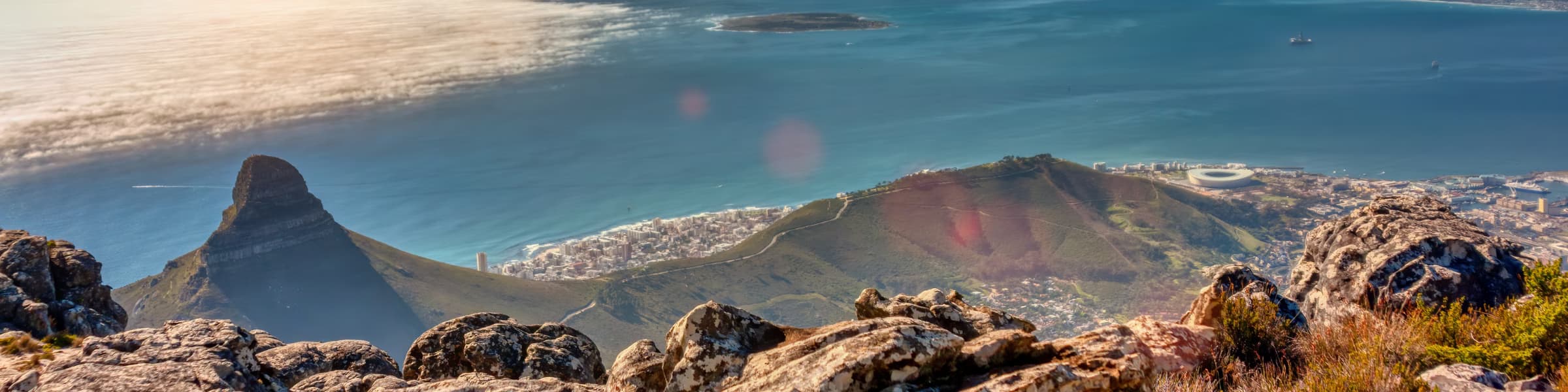 Robben Island and Lion's Head Cape Town aerial view with historic prison island and iconic peak