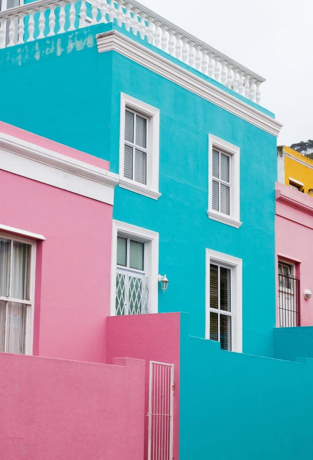 Vibrant colourful houses in Bo-Kaap Cape Town, historic Cape Malay quarter with rainbow-painted homes